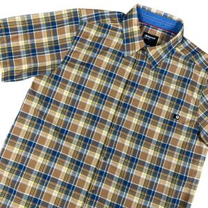 Marmot Mens Short Sleeve Button Down Shirt Large Brown Blue Plaid SCC-193